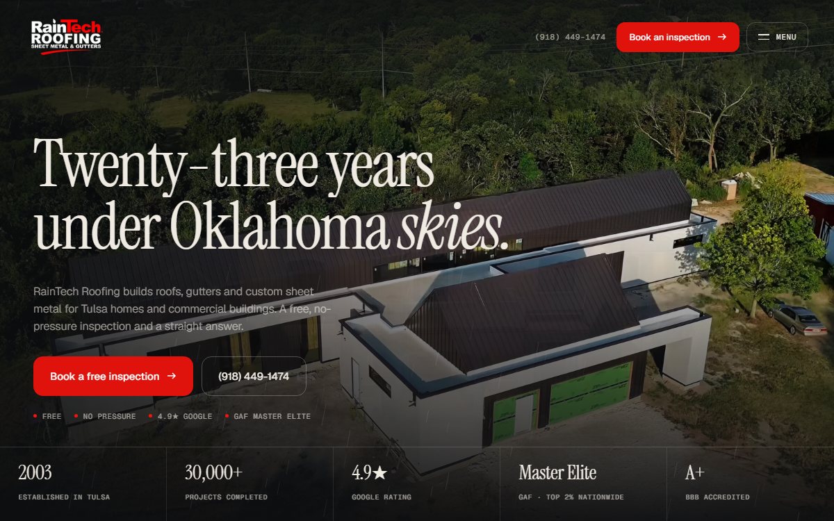 The homepage of raintechoklahoma.com: Twenty-three years under Oklahoma skies, over aerial footage of a Tulsa home with a metal roof
